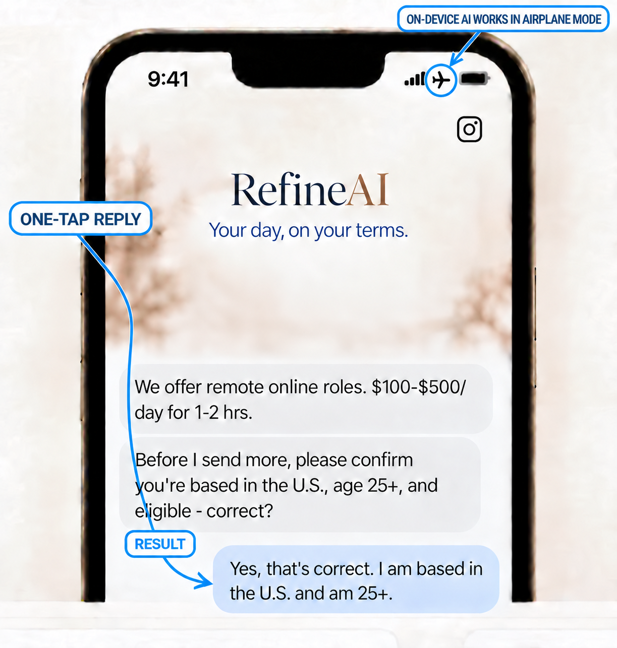 RefineAI creating a professional reply in a real text conversation